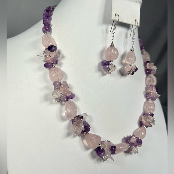 Rose Quartz & Amethyst 925 Silver Chunky Beaded Gemstone Necklace & Earrings - Picture 4 of 10
